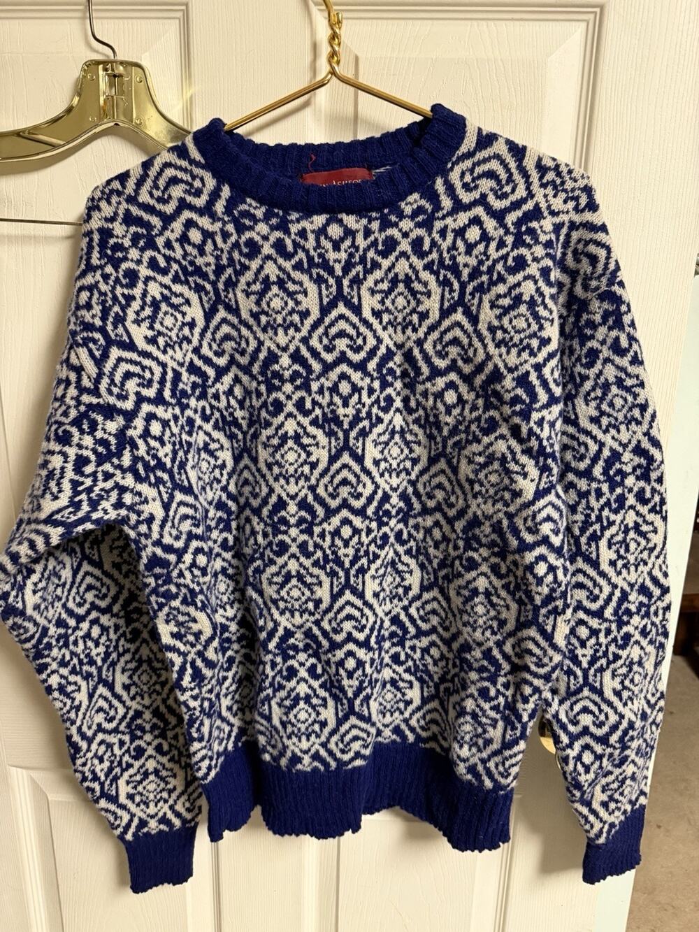 Vnt 80s Ashford Shetland Wool Knit Sweater Men's Large Abstract Blue White 44w